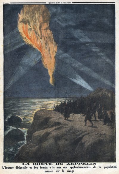Eerste Wereldoorlog 1914-1918. Neerstorten van een zeppelin van het brandende Duitse leger die terugkeert van een aanval in Engeland. In 