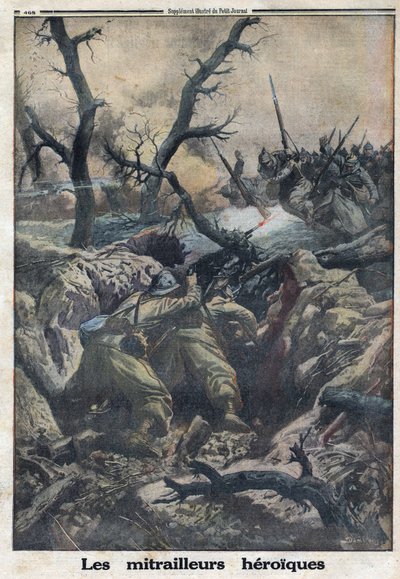 Eerste Wereldoorlog 1914-1918. Franse mitrailleurs schieten op aanvallende Duitse militairen. In 