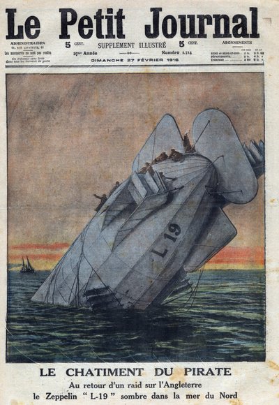 Eerste Wereldoorlog 1914-1918. Bij de terugkeer van een aanval op Engeland, faalde de Zeppelin L-19 van de Duitse luchtmacht in de Noordzee. In 