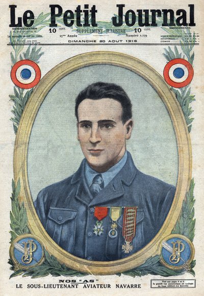 Eerste Wereldoorlog 1914-1918. Portret van Jean Navarre (1895-1919) vlieger van het Franse leger. In 