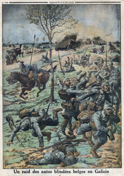 Eerste Wereldoorlog 1914-1918. Aanval van Belgische gepantserde auto
