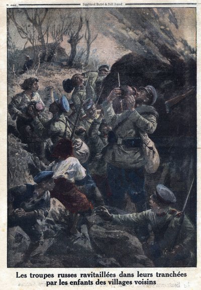 Eerste Wereldoorlog 1914-1918 (Oorlog 14-18). Russische militaire troepen bevoorraad in hun loopgraven door kinderen uit naburige dorpen. In 
