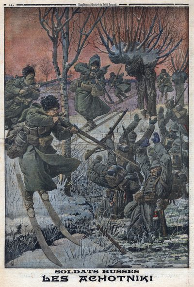 Eerste Wereldoorlog 1914-1918. Russische soldaten Ahotniki op ski
