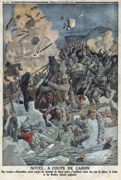 Eerste Wereldoorlog 1914-1918 (Oorlog 14-18). Het Duitse leger probeert de rivier de Duna over te steken, maar de Russische artillerie schiet op het ijs met een kanon en verdrinkt het Duitse leger (bijnaam Boche in de tekst) In 