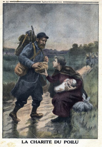 Eerste Wereldoorlog 1914-1918 (Oorlog 14-18). De liefdadigheid van de harige: een Franse soldaat stopt op een pad om brood aan te bieden aan een vrouw alleen met haar baby. In 