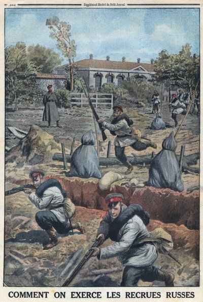 Eerste Wereldoorlog 1914-1918. Training van jonge soldaten gerekruteerd door het Russische leger. In 