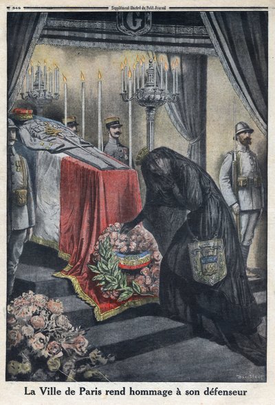 Eerste Wereldoorlog 1914-1918. Eerbetoon van de stad Parijs aan generaal Joseph Simon Gallieni (1849-1916) die de stad verdedigde. In 