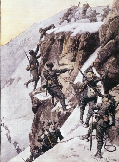 Eerste Wereldoorlog: Italiaanse alpiene jagers die de top van de Tuckettspitze beklimmen, Alpen circa 1915. Illustratie uit 