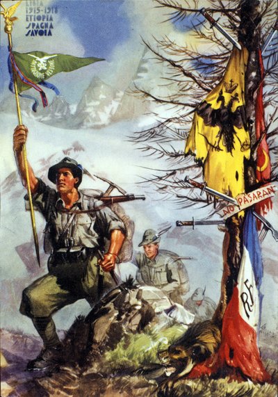 Eerste Wereldoorlog: Poster ter ere van het Vestone Bataljon van Italiaanse Alpenjagers (Alpino of Alpini), 6e Regiment door Anonymous Anonymous