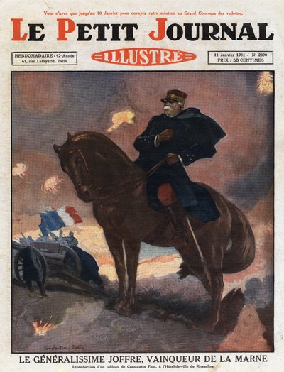 Eerste Wereldoorlog: portret van Generaal Joseph Joffre (1852-1931) te paard, afgebeeld als overwinnaar op het slagveld van La Marne (september 1914) Illustratie naar een schilderij van Constantine Font. Gravure uit "Le petit journal illustré" van 1931. door Anonymous Anonymous