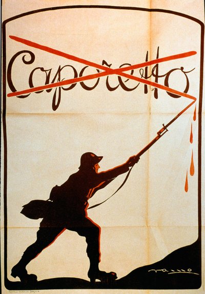 Eerste Wereldoorlog: poster gepubliceerd ter gelegenheid van de nederlaag van Caporetto (of Slag bij Karfreit) eind oktober 1917, die een soldaat van het Italiaanse leger voorstelt die de naam 