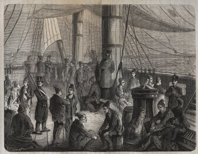 Eerste konvooi van krachten van Toulon naar Cayenne (Guyana) onder het decreet van 8 december 1851. Gravure in Histoire des bagnes depuis leur création à nos jours (1877) door Pierre Zaccone. Privécollectie. door Anonymous Anonymous