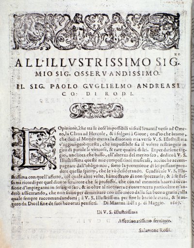 Eerste pagina van Primo libro di sinfonie e gagliarde, door Salomone Rossi door Anonymous Anonymous