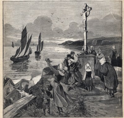 Vissen in IJsland: de vissers vertrekken uit Bretagne. Gravure in 