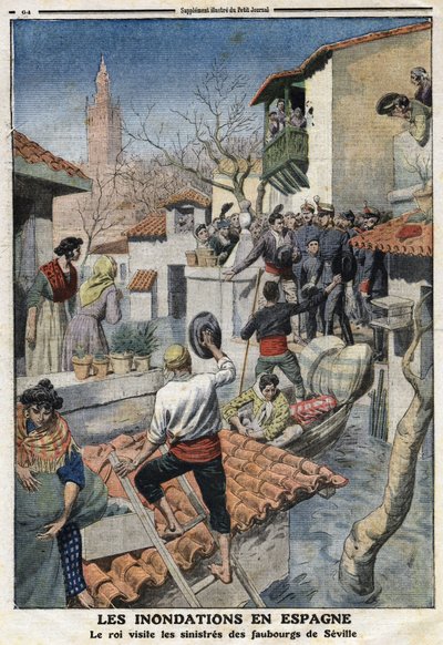 Overstromingen in Spanje: Koning Alfonso XIII (1886-1941) bezoekt de sinistere buitenwijken van Sevilla. Gravure in Le Petite Journal, op 25/02/1912. Privécollectie. door Anonymous Anonymous