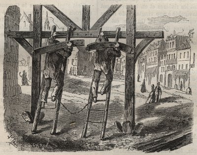 Forcats timmerlieden bij de Toulon Bagne in de 19e eeuw. Gravure in 