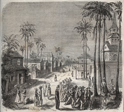 Forcats op weg naar werk in de Saint-Laurent penitentiaire (Saint-Laurent) in Cayenne (Frans-Guyana) in de 19e eeuw. Gravure in 