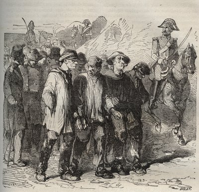 Gevangenen in mars bij de bagne van Rochefort in de 19e eeuw. Gravure in 