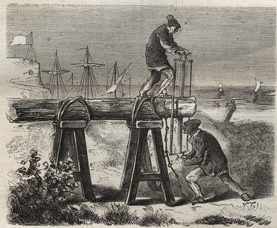 Forcats zaagwerkers van het Saint-Laurent-penitentiair in Cayenne (Frans-Guyana) in de 19e eeuw. Gravure in 