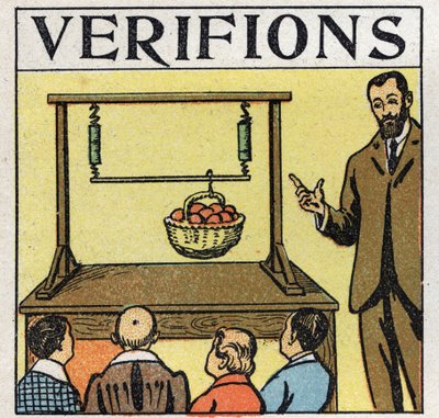 Krachten: parallelle krachten. Mand met appels opgetild met een stok vastgehouden door twee veren. Anonieme illustratie uit 1925. Privécollectie. door Anonymous Anonymous