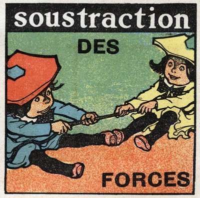 Krachten: aftrekking van krachten. Twee kinderen trekken aan een touw. Anonieme illustratie uit 1925. Privécollectie. door Anonymous Anonymous