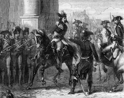 François Hanriot (1761-1794), Franse revolutionair bij de deur van de conventie (9 thermidor 1794) (gravure in 