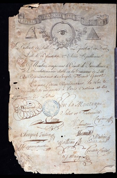 Franse Revolutie: attest van burgerschap van Guiot de Saint-Florent (Saint Florent) alias Florent-Guiot (of Florent-Guyot) (1735-1834), een revolutionair en vertegenwoordiger van het volk, door het Revolutionaire Comité van Lille gedateerd 16 jaar II (02/0 door Anonymous Anonymous