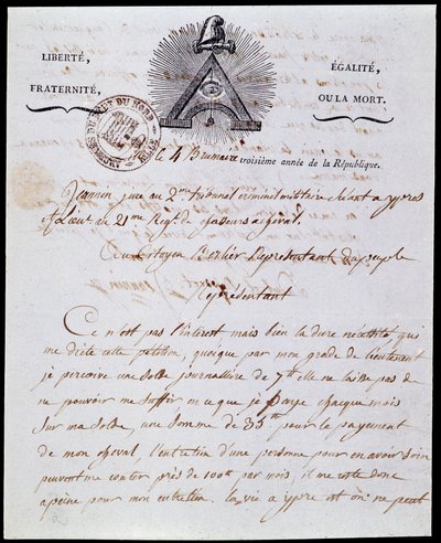 Franse Revolutie: eerste pagina en kop van een militaire administratieve brief 4 mistjaar III (25/10/1794) gedateerd 18 Frimaire jaar III (08/12/1794) met de republikeinse inscriptie 