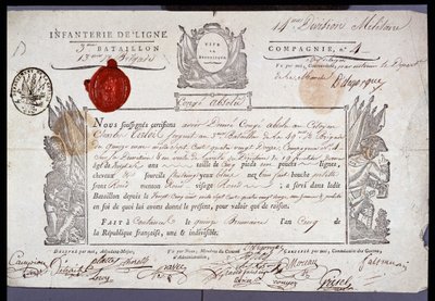 Franse Revolutie: officieel document van militair verlof gedateerd 15 Brumaire jaar V (05/11/1796) van een sergeant uit het district Coutances. Departementale Archieven van Nord Lille door Anonymous Anonymous