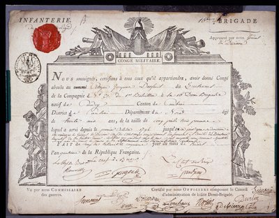 Franse Revolutie: officieel document van militaire verlof gedateerd 5 Prairial jaar IV (24/05/1796) van een luitenant van de brigade van het district Cambrai. Departementale Archieven van Nord Lille door Anonymous Anonymous