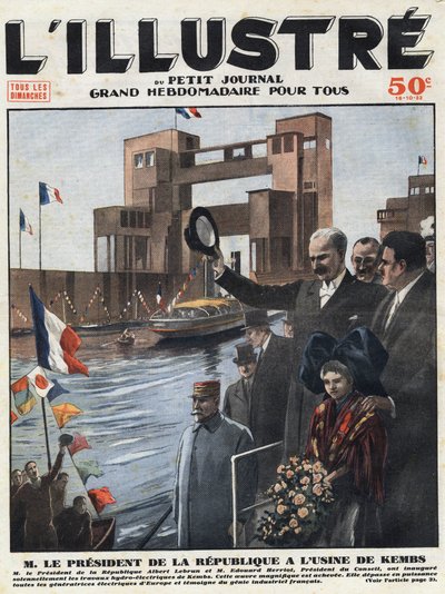 Franse industrie: Albert Lebrun (1871-1950), president van de Republiek, en Edouard Herriot (1872-1957), president van de raad, openden de waterkrachtcentrale van Kembs in de Haut-Rhin. Gravure in 