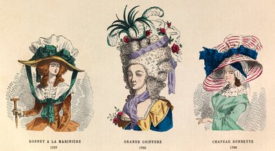 Van links naar rechts: Hoed à la marinière in 1787; Grote kapsel in 1785 en hoed Bonnette in 1786 door Anonymous Anonymous