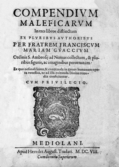 Frontispice van Compendium Maleficarum, behandelt heksen, hun kwaad en hun toverkunsten door Francesco Maria Guazzo of Guaccio of Guaccius (15?? -16??) 1608 door Anonymous Anonymous