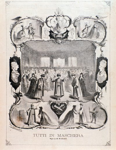 Frontispice van muzikale partituur van Tutti in maschera, opera van Carlo Pedrotti door Anonymous Anonymous