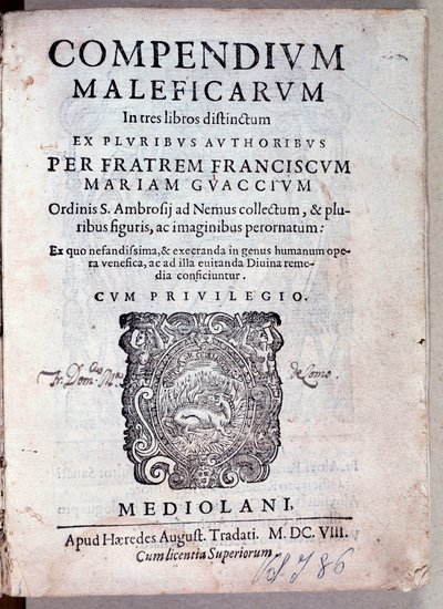 Frontispice van Compendium maleficarum door Guazzo over demonologie en hekserij (Gravure) door Anonymous Anonymous