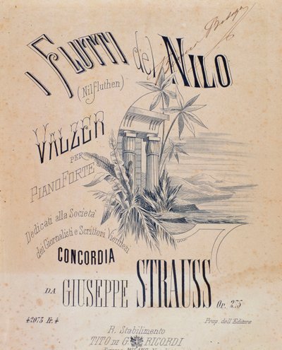 Frontispice van muzikale partituren van Nile Waters Waltzes voor piano door Josef Strauss door Anonymous Anonymous