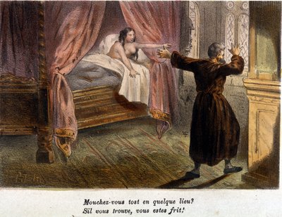 Galante scène: Monnik, in gezelschap van een naakte vrouw in bed, verrast door de komst van een persoon, probeert zich te verbergen. Kleuren gravure uit de 19e eeuw. door Anonymous Anonymous