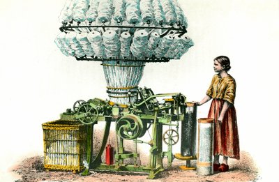 Habner kam gebruikt om wol te spinnen. 19e eeuw gravure privécollectie. door Anonymous Anonymous