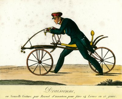 Geschiedenis van de fiets: de draisine, een zeer populaire nieuwe wagen rond 1818. Gravure uit 1818. Privécollectie door Anonymous Anonymous