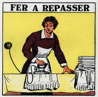 Huishoudelijk gebruik van elektriciteit: strijkijzer. Anonieme illustratie uit 1925. Privécollectie. door Anonymous Anonymous