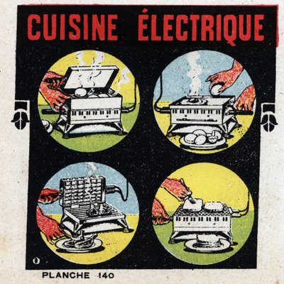 Huishoudelijk gebruik van elektriciteit: elektrische keuken met grill. Anonieme illustratie uit 1925. Privécollectie. door Anonymous Anonymous