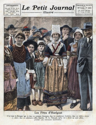 Feesten in Huelgoat in traditionele Bretonse klederdracht ter gelegenheid van een initiatief ter bevordering van het herstel van regionale gebruiken. Illustratie uit 