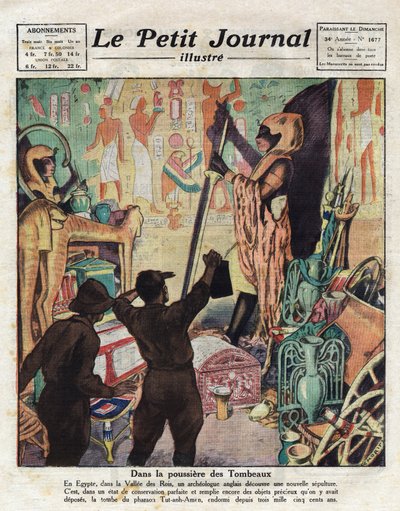 In november 1922 betraden de Engelse egyptoloog Howard Carter en Lord Carnarvon voor het eerst het graf van farao Toetanchamon - Illustratie uit 