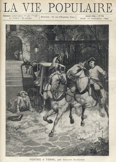Voor de trap van een klein kasteel arriveert een jonge ruiter in de binnenplaats, spant zijn paard en jaagt de paarden van de koets die bij de poort geparkeerd staan, een grote man met een pruik ligt op de grond na een val door Anonymous Anonymous