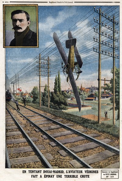 In verleiding Douai - Madrid, vliegenier Jules Vedrines (1881-1919) maakte in Epinay een vreselijke val. Gravure in Le Petit Journal, op 12/05/1912 door Anonymous Anonymous