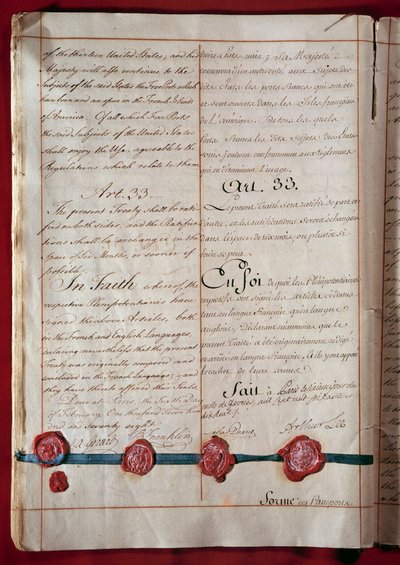 Onafhankelijkheid van de Verenigde Staten: vriendschaps- en handelsverdrag tussen Frankrijk en de Verenigde Staten (vertegenwoordigd door Benjamin Franklin) uit februari 1778 in beide talen. 1778 Parijs, Ministerie van Buitenlandse Zaken door Anonymous Anonymous