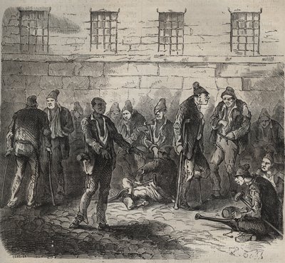 Invalide krachten in de Toulon Bagne in de 19e eeuw. Gravure in Histoire des bagnes depuis leur création à nos jours (1877) door Pierre Zaccone. Privécollectie. door Anonymous Anonymous