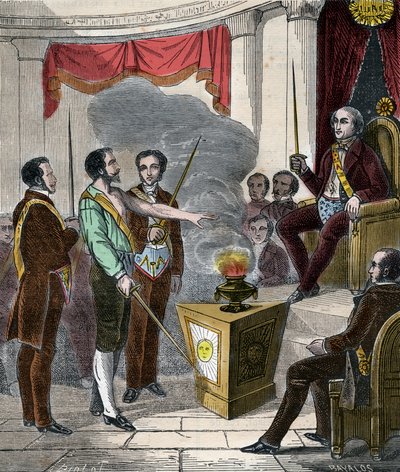 Inwijding van een Franse vrijmetselaar in de broederschap - Ontvangst (Ceremonie) van een vrijmetselaar - Gravure uit 1879 in 