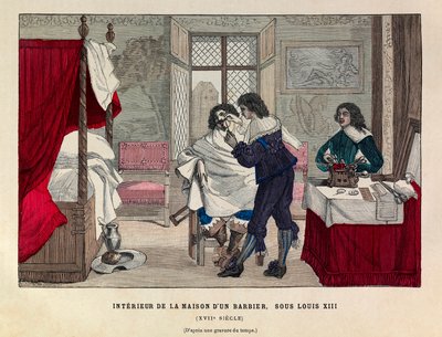 Interieur van een kappershuis in Parijs onder het bewind van koning Lodewijk XIII in de 17e eeuw - Interieur van een kappershuis, regering van koning Lodewijk XIII van Frankrijk 17e eeuw - privécollectie door Anonymous Anonymous