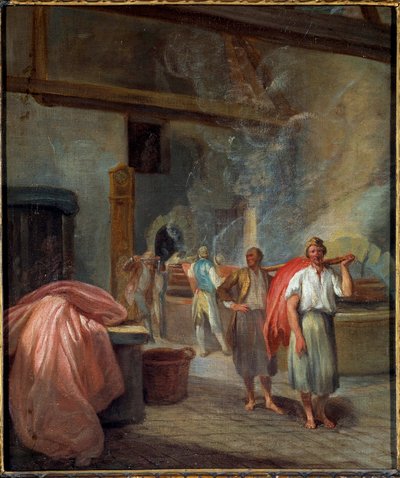 Interieur van een ververij in Les Gobelins Anoniem schilderij. 1760. Dim 0,37 x 0,30 m Parijs, Musee Carnavalet door Anonymous Anonymous